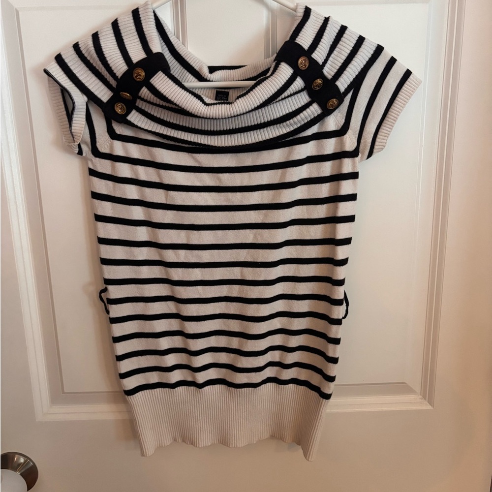 Striped Short Sleeve Sweater with Button Accents